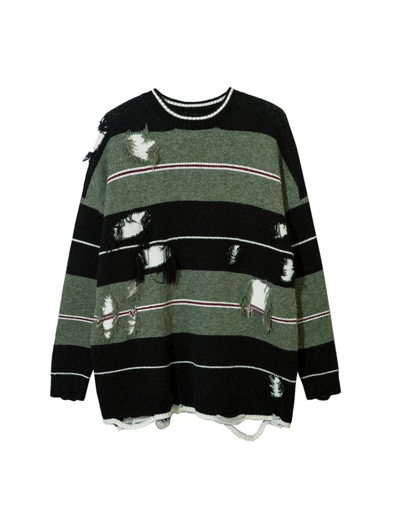 Høst Streetwear Hollow Out Stripe Hullstrikket Genser Pullover Oversize Løsstrikket Topp - Matchagreen