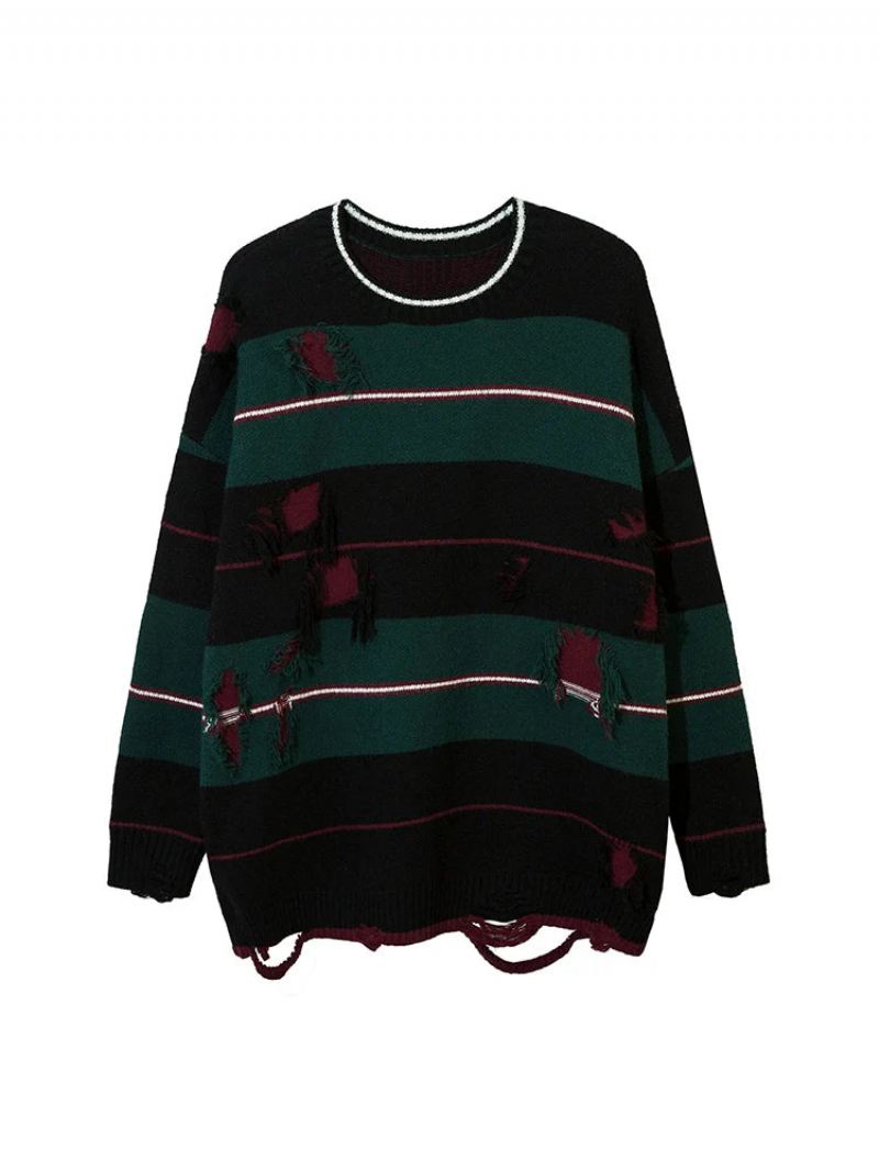 Høst Streetwear Hollow Out Stripe Hullstrikket Genser Pullover Oversize Løsstrikket Topp - Matchagreen