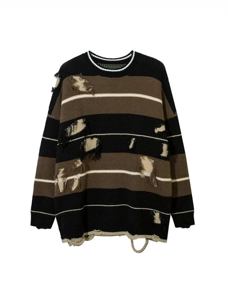 Høst Streetwear Hollow Out Stripe Hullstrikket Genser Pullover Oversize Løsstrikket Topp - Matchagreen