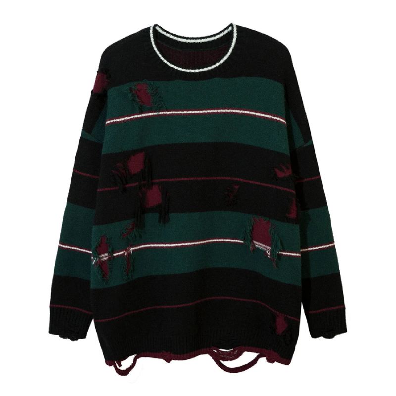 Høst Streetwear Hollow Out Stripe Hullstrikket Genser Pullover Oversize Løsstrikket Topp - Matchagreen