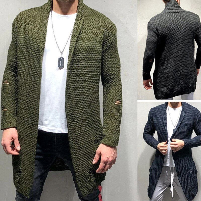 Menn Cardigan Genser Uformell Strikkede Gensere Frakk Overdeler Streetwear Midtlengde Herre Jumper Klær - Marine