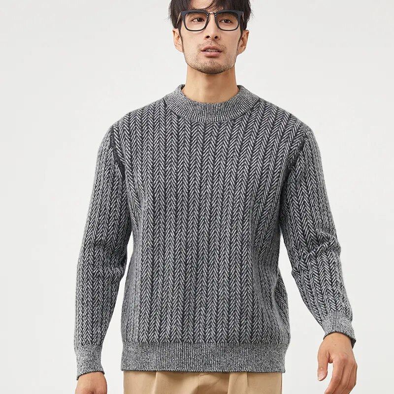 Pure Cashmere Genser Herre O-hals Gensere High-end Strikket Tykk Jakke Youth Warm Shirt - Blå Og Hvit