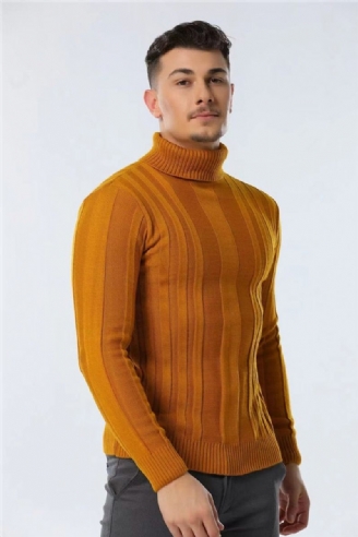 Slim Fit Pullovers Turtleneck Herre Casual Basic Ensfarge Varm Stripete Genser Nye Vintergensere