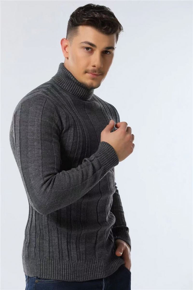 Slim Fit Pullovers Turtleneck Herre Casual Basic Ensfarge Varm Stripete Genser Nye Vintergensere - Brun