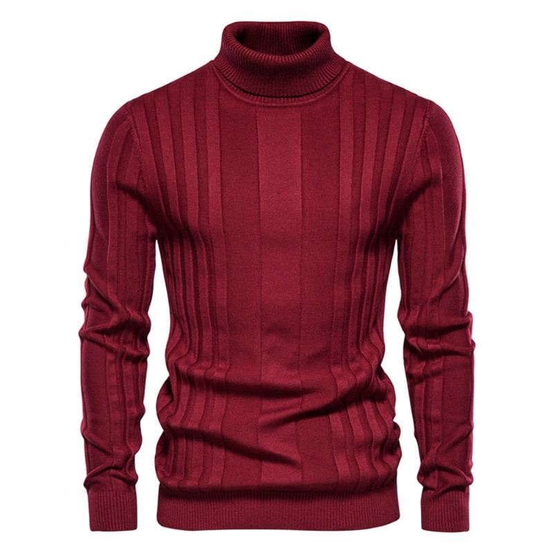 Slim Fit Pullovers Turtleneck Herre Casual Basic Ensfarge Varm Stripete Genser Nye Vintergensere - Brun