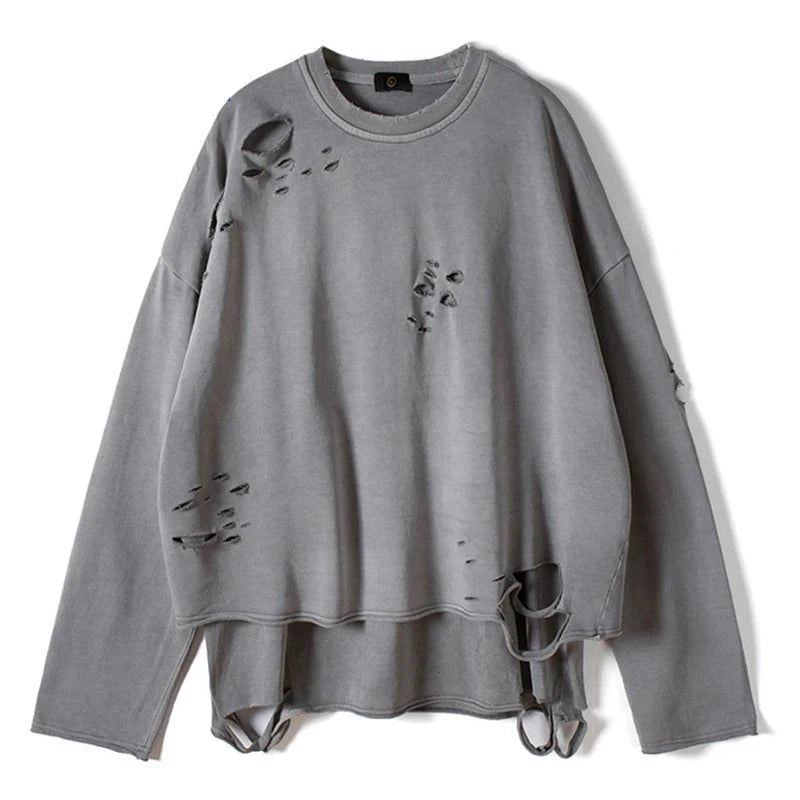 Streetwear Vintage Sweatshirt Høst Creative Distressed Destroyed Ripped Holes Pullover Bomull Topper Løs - Grå