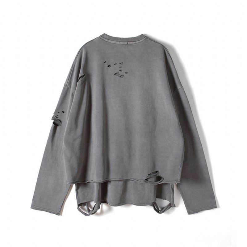 Streetwear Vintage Sweatshirt Høst Creative Distressed Destroyed Ripped Holes Pullover Bomull Topper Løs - Grå