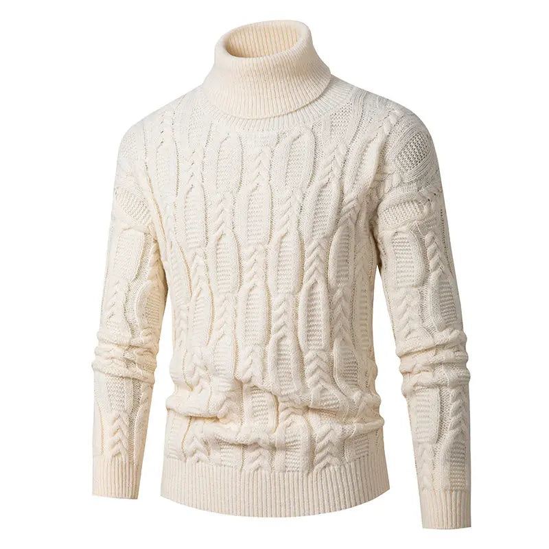 Turtleneck Jacquard Genser Herre Vintage Varm Solid Pullover Warm Pull Marque Luxe - Beige Hvit