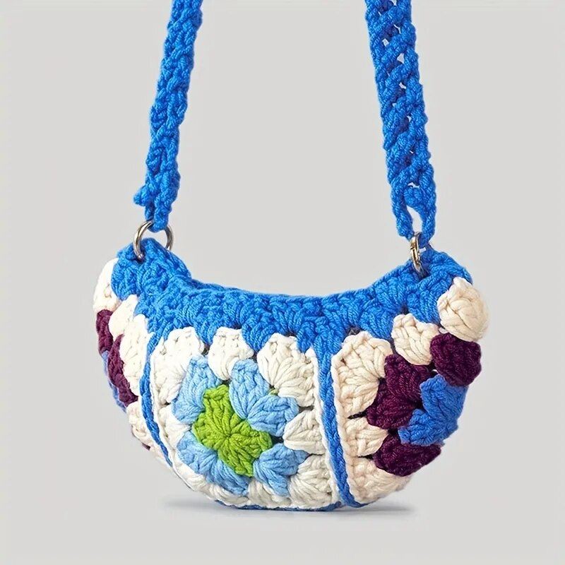 Bohemian Granny Square Crossbody-vesker For Kvinner Designer Heklet Skuldervesker Strikket Hobos Messenger Bag Små Telefonvesker - Blå