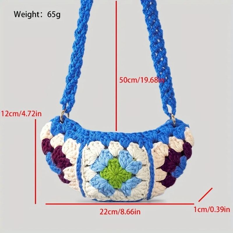 Bohemian Granny Square Crossbody-vesker For Kvinner Designer Heklet Skuldervesker Strikket Hobos Messenger Bag Små Telefonvesker - Blå