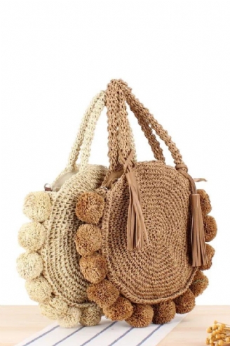 Bohemian Tassel Rattan Kvinner Håndvesker Vevd Crossbody Skuldervesker Designer Ball Summer Beach Purse