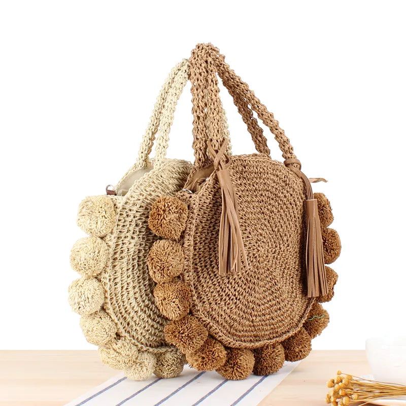 Bohemian Tassel Rattan Kvinner Håndvesker Vevd Crossbody Skuldervesker Designer Ball Summer Beach Purse - Beige