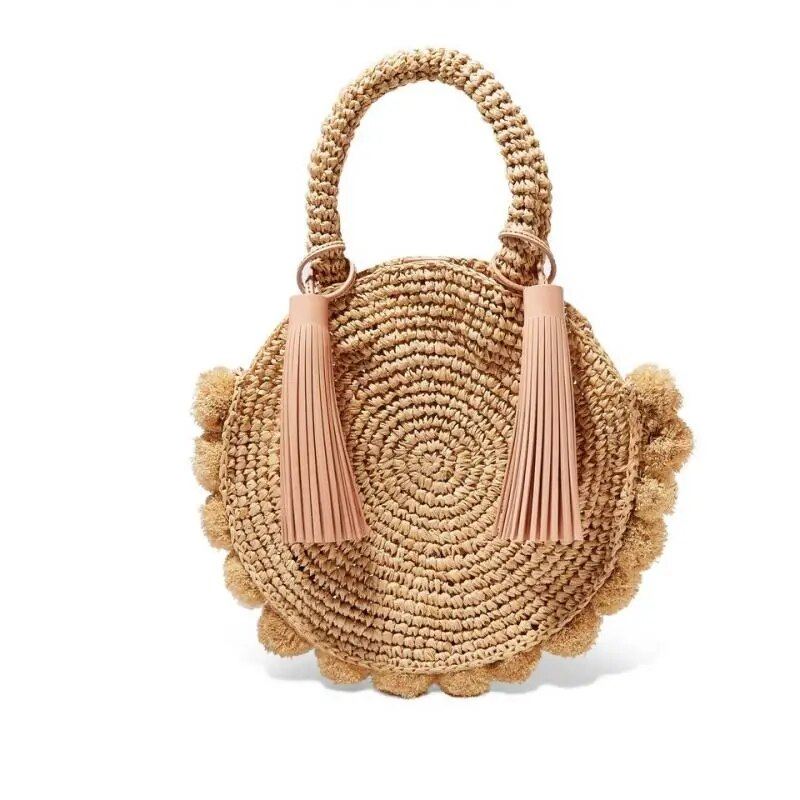 Bohemian Tassel Rattan Kvinner Håndvesker Vevd Crossbody Skuldervesker Designer Ball Summer Beach Purse - Beige