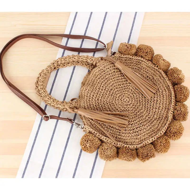 Bohemian Tassel Rattan Kvinner Håndvesker Vevd Crossbody Skuldervesker Designer Ball Summer Beach Purse - Beige