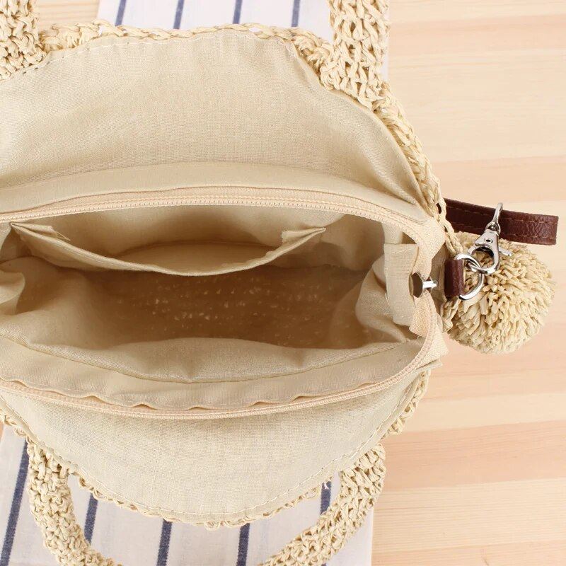 Bohemian Tassel Rattan Kvinner Håndvesker Vevd Crossbody Skuldervesker Designer Ball Summer Beach Purse - Beige