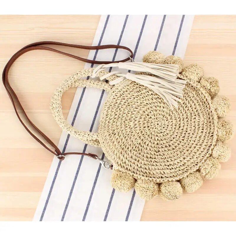 Bohemian Tassel Rattan Kvinner Håndvesker Vevd Crossbody Skuldervesker Designer Ball Summer Beach Purse - Beige