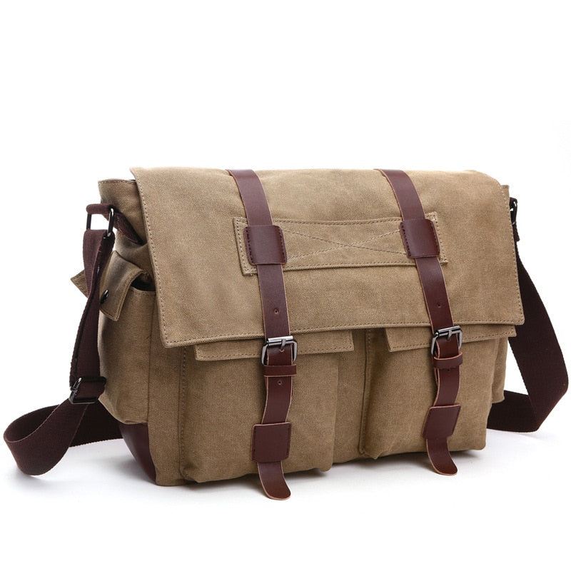 Messenger-vesker For Menn Lerret Og Lær Patchwork Big Satchel Skuldervesker Mannlig Bærbar Koffert Vintage Reisehåndveske - Khaki