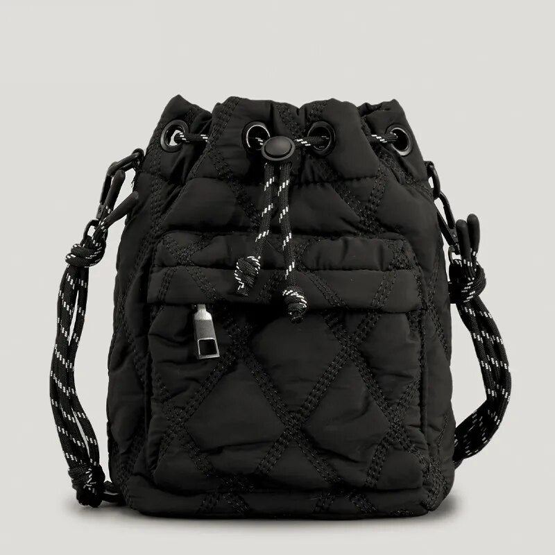 Uformelt Nylonpolstret Skuldervesker For Kvinner Quiltet Snøring Crossbody-veske Vintage Bøtteveske Liten Veske Damevesker Vinter - Svart