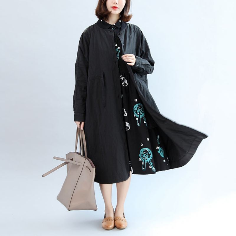 2024 Svart Casual Cotton Coat Plus Size Unike Langermede Yttertøy