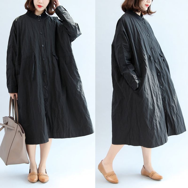 2024 Svart Casual Cotton Coat Plus Size Unike Langermede Yttertøy - Trenchcoats for kvinner