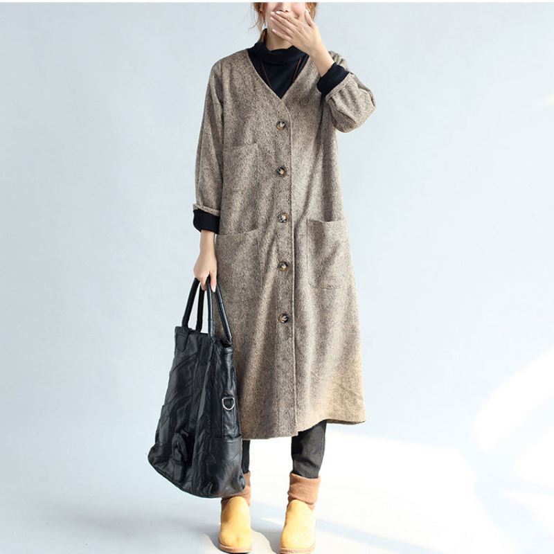 2024 Vintage Lommer Khaki Bomull Lange Cardigans Oversize Langermet Trenchcoats - Trenchcoats for kvinner