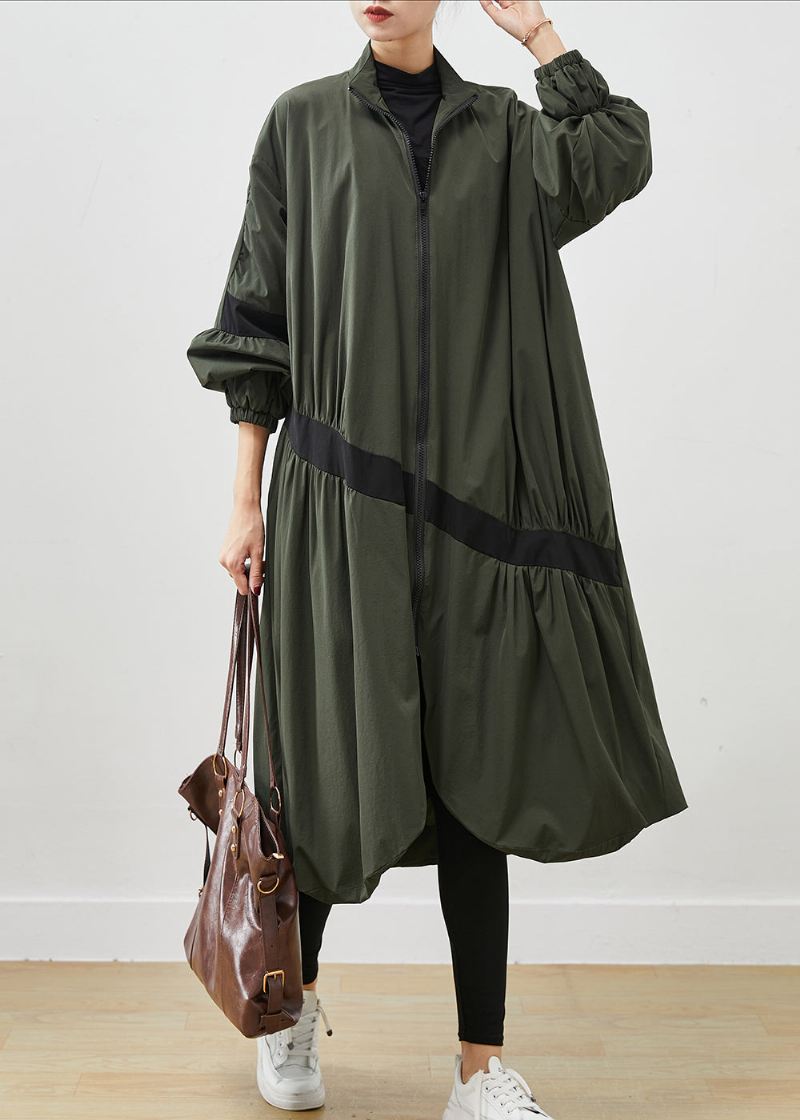 Army Green Patchwork Trench Asymmetrisk Rynket Fjær