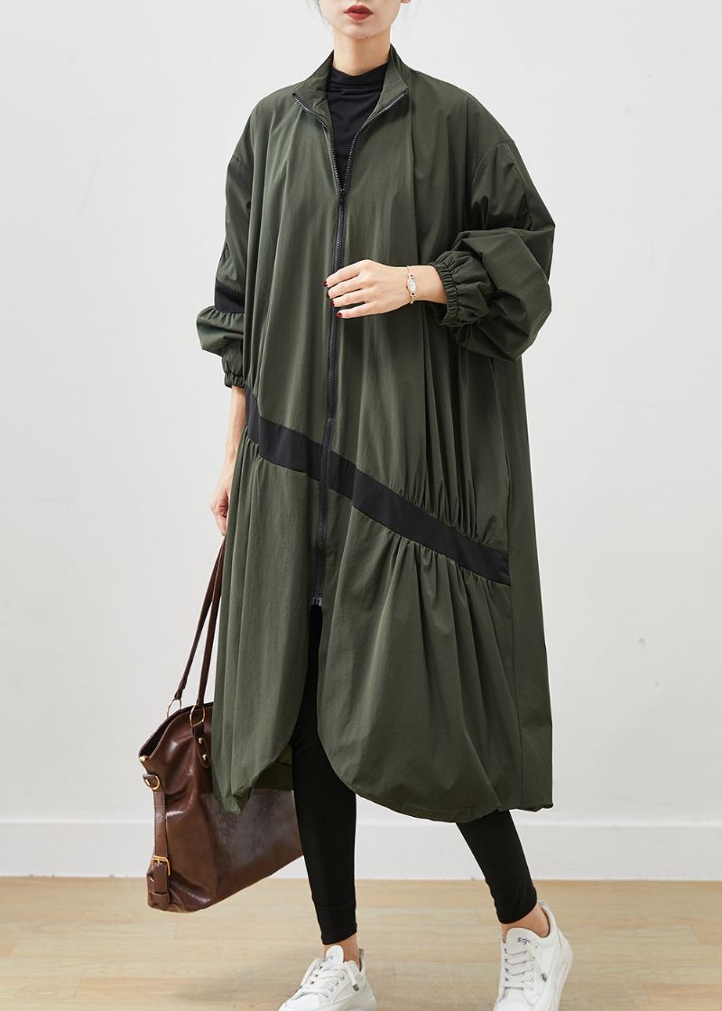 Army Green Patchwork Trench Asymmetrisk Rynket Fjær - Trenchcoats for kvinner