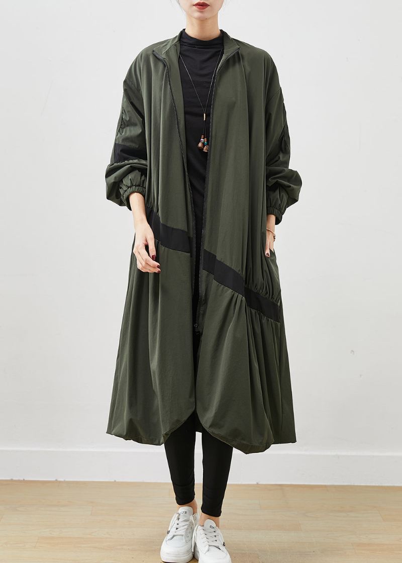 Army Green Patchwork Trench Asymmetrisk Rynket Fjær - Trenchcoats for kvinner