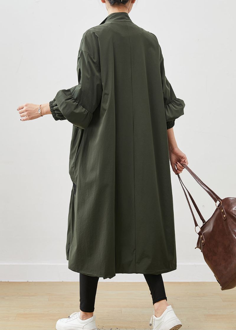 Army Green Patchwork Trench Asymmetrisk Rynket Fjær - Trenchcoats for kvinner