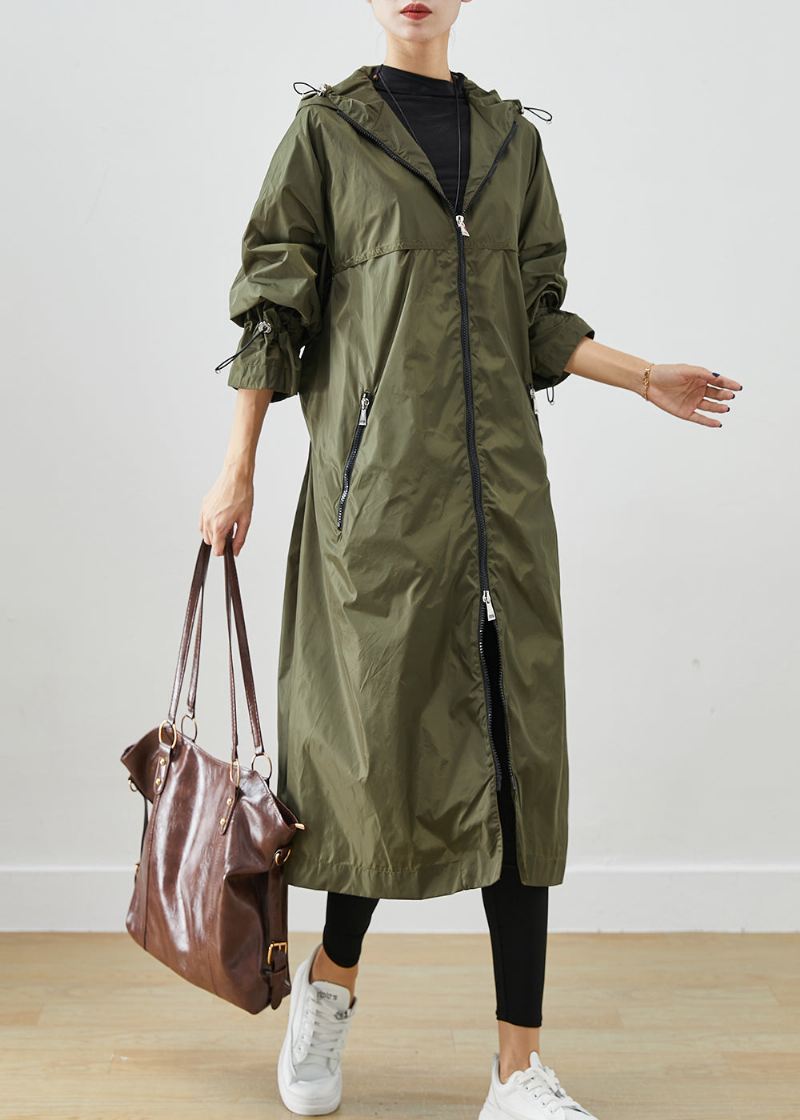 Army Green Spandex Trench Cinched Drawstring Fall - Trenchcoats for kvinner