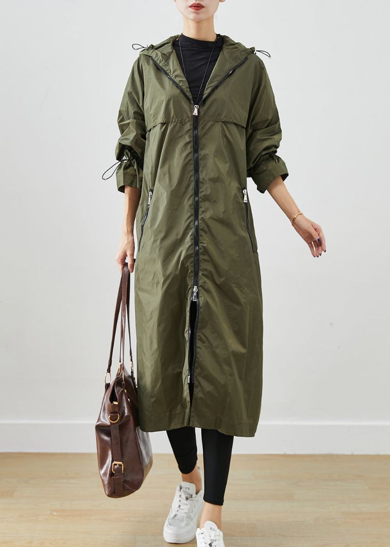 Army Green Spandex Trench Cinched Drawstring Fall - Trenchcoats for kvinner