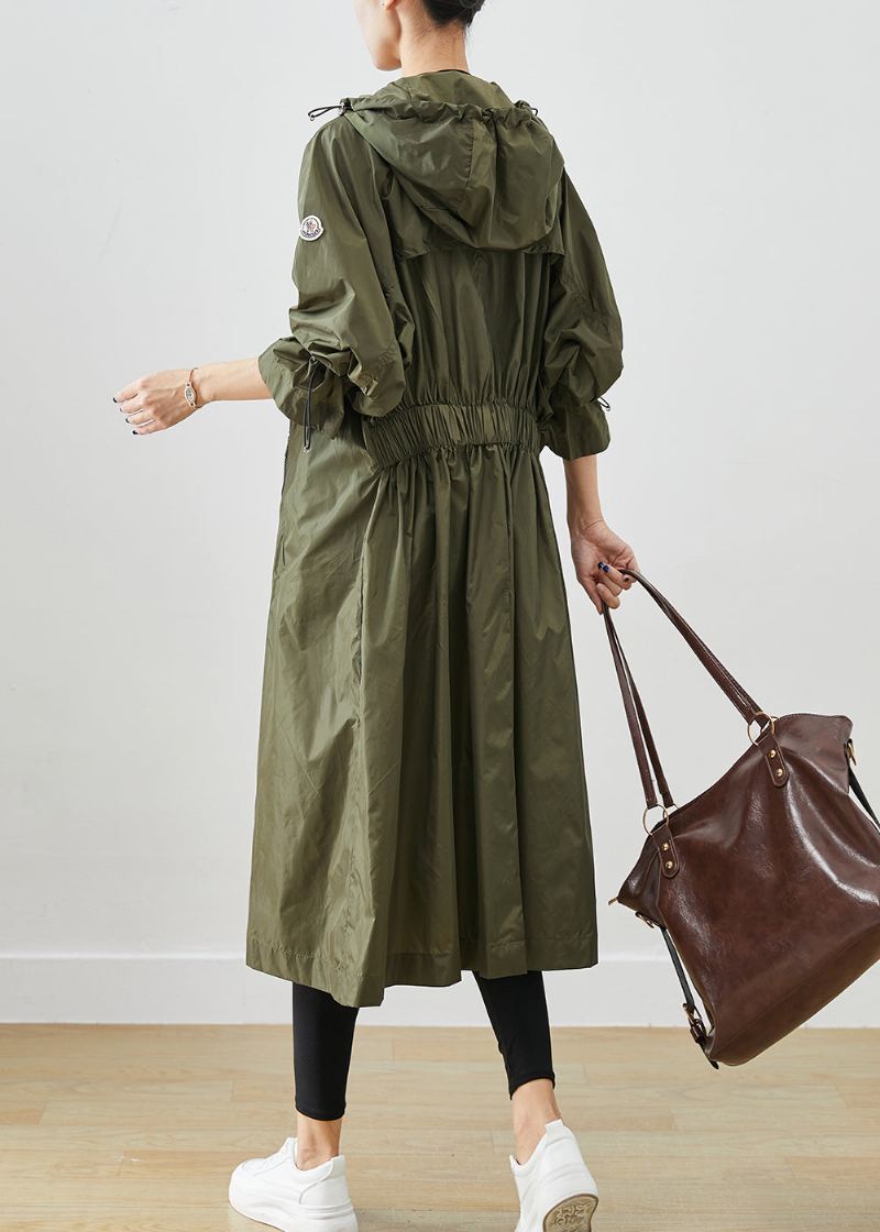 Army Green Spandex Trench Cinched Drawstring Fall - Trenchcoats for kvinner