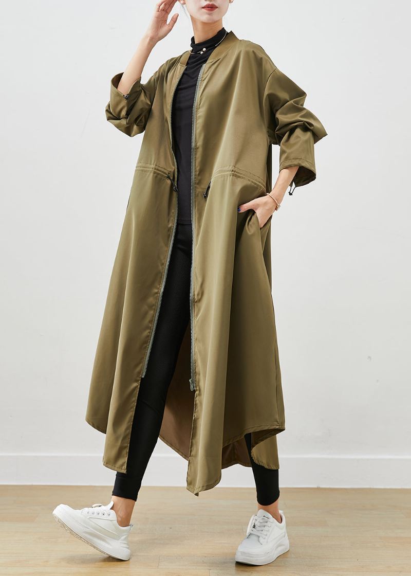 Army Green Spandex Trench Coats Zip Up Snøring Fall