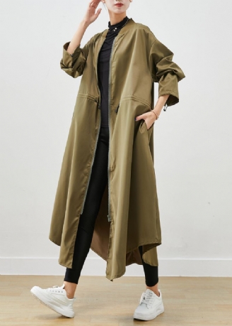 Army Green Spandex Trench Coats Zip Up Snøring Fall