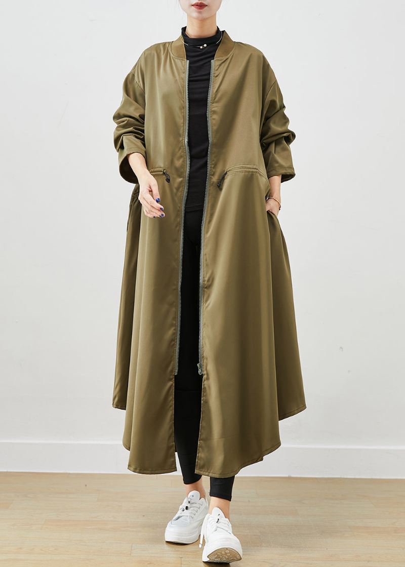 Army Green Spandex Trench Coats Zip Up Snøring Fall - Trenchcoats for kvinner