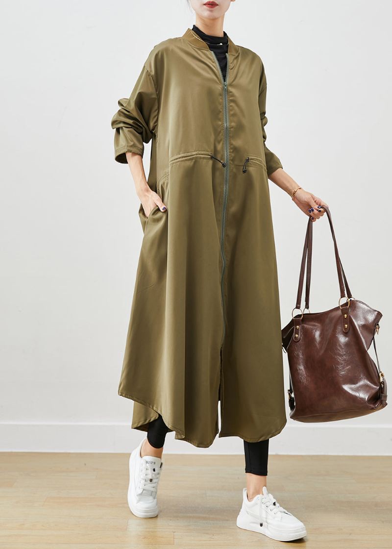 Army Green Spandex Trench Coats Zip Up Snøring Fall - Trenchcoats for kvinner