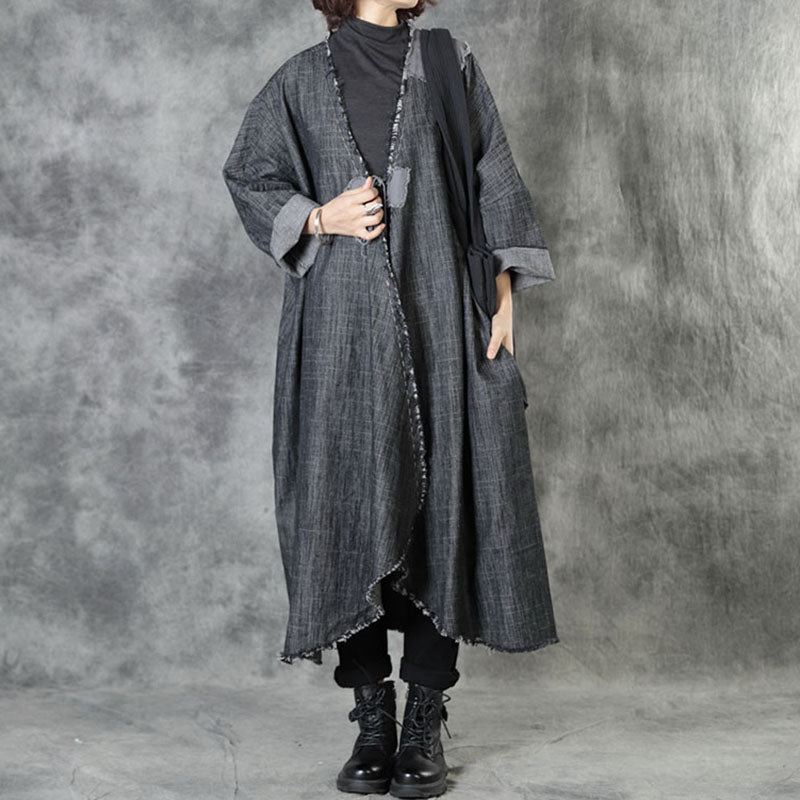 Art Black V-halslommer Patchwork Fall Asymmetrisk Design Kåper Langermet - Trenchcoats for kvinner