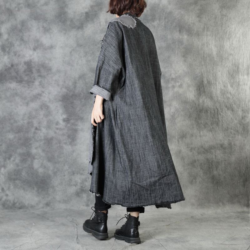 Art Black V-halslommer Patchwork Fall Asymmetrisk Design Kåper Langermet - Trenchcoats for kvinner