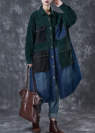 Art Blackish Green Rivet Patchwork Corduroy Fin Cotton Fylt Coat Winter