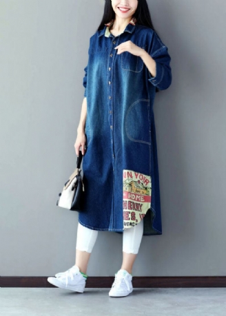 Art Blue Overdimensjonert Patchwork Applique Cotton Denim Trench Spring