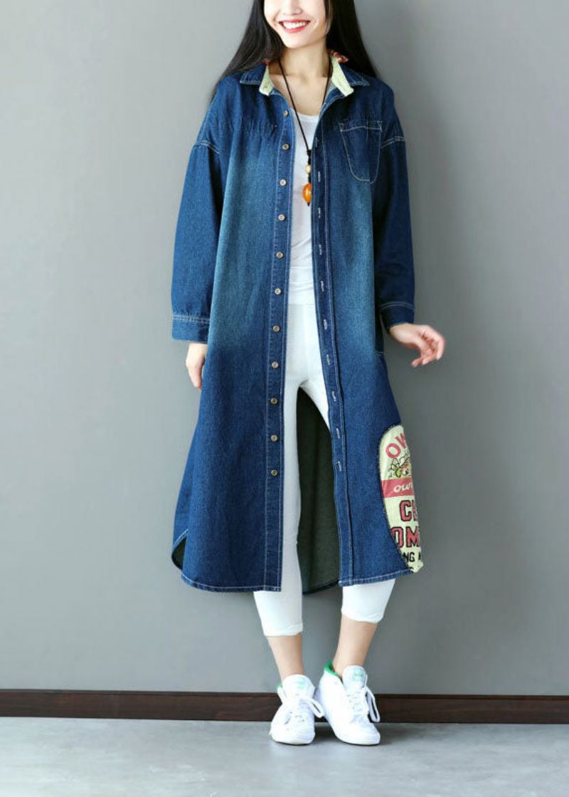 Art Blue Overdimensjonert Patchwork Applique Cotton Denim Trench Spring - Trenchcoats for kvinner