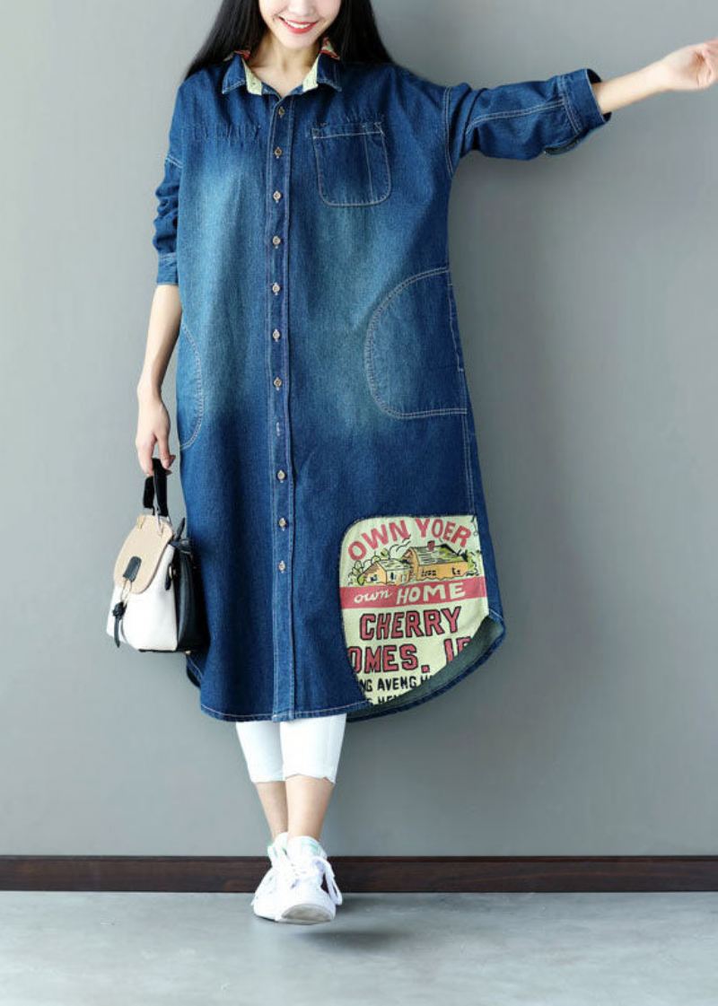 Art Blue Overdimensjonert Patchwork Applique Cotton Denim Trench Spring - Trenchcoats for kvinner