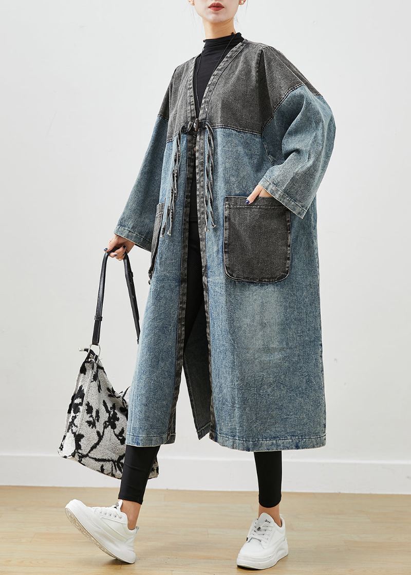 Art Blue Oversized Patchwork Lace Up Denim Cardigan Fall - Trenchcoats for kvinner