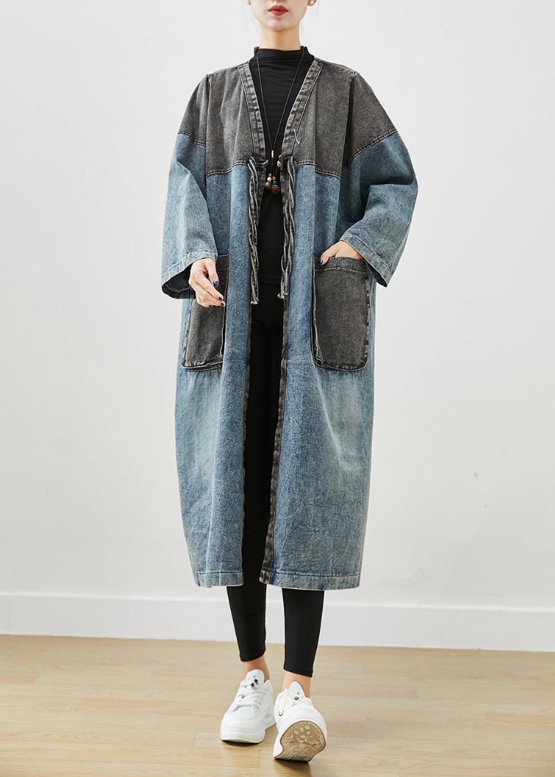 Art Blue Oversized Patchwork Lace Up Denim Cardigan Fall - Trenchcoats for kvinner