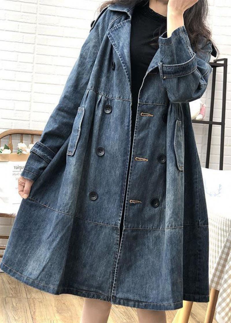 Art Blue Peter Pan Krage Lommer Button Fall Denim Trench Coats Coat