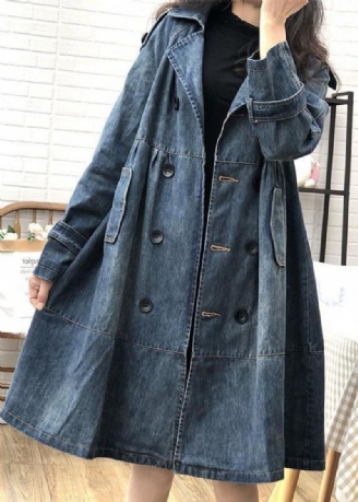 Art Blue Peter Pan Krage Lommer Button Fall Denim Trench Coats Coat