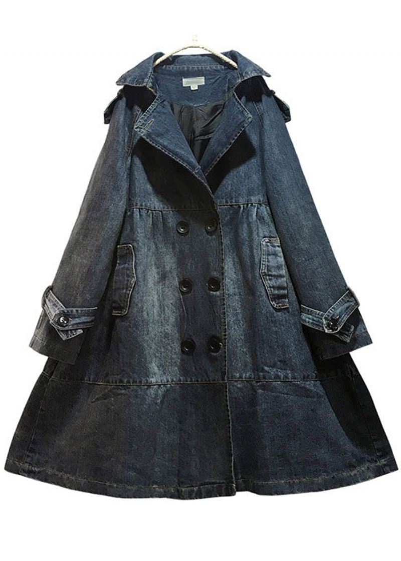 Art Blue Peter Pan Krage Lommer Button Fall Denim Trench Coats Coat - Trenchcoats for kvinner