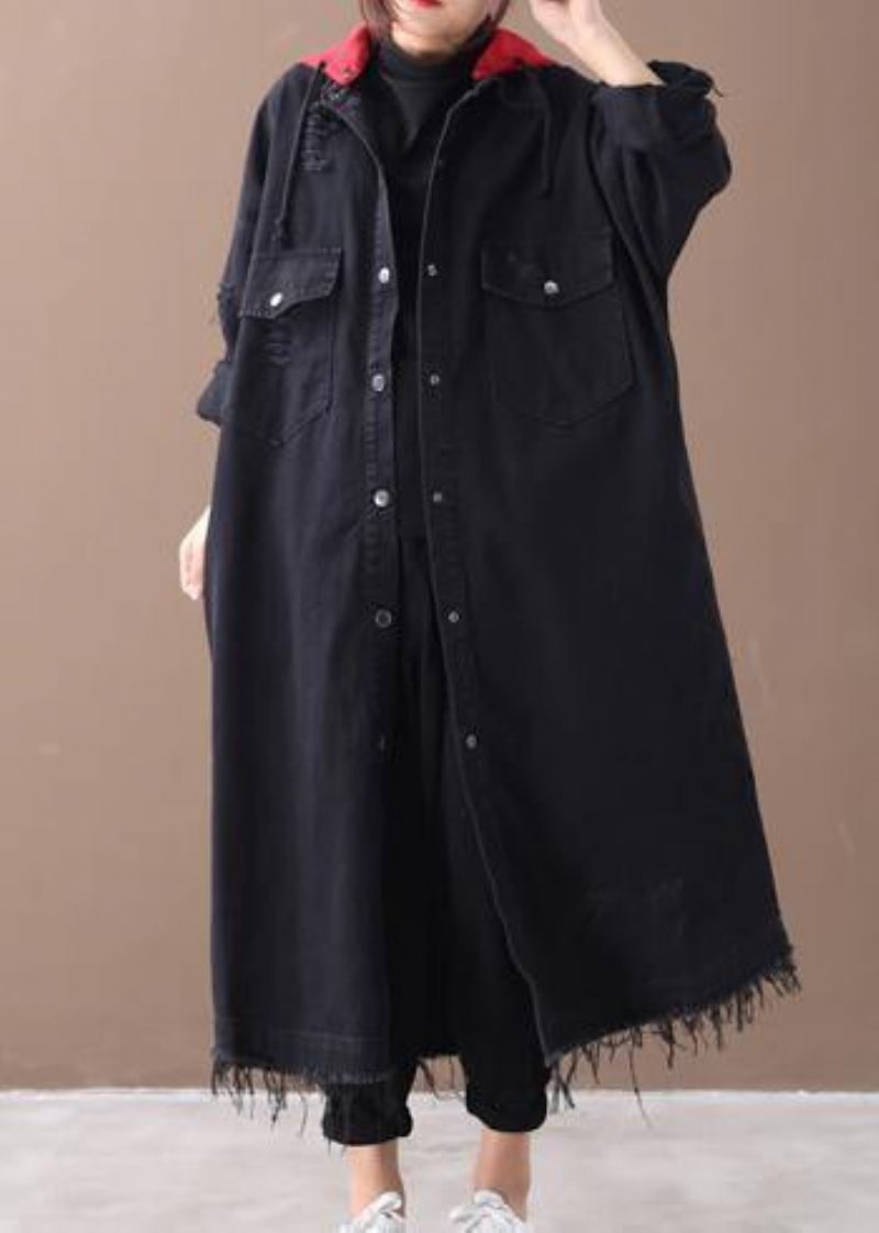 Art Denim Svart Plus Size Klær Skjorter Hette Button Down Kåper - Trenchcoats for kvinner