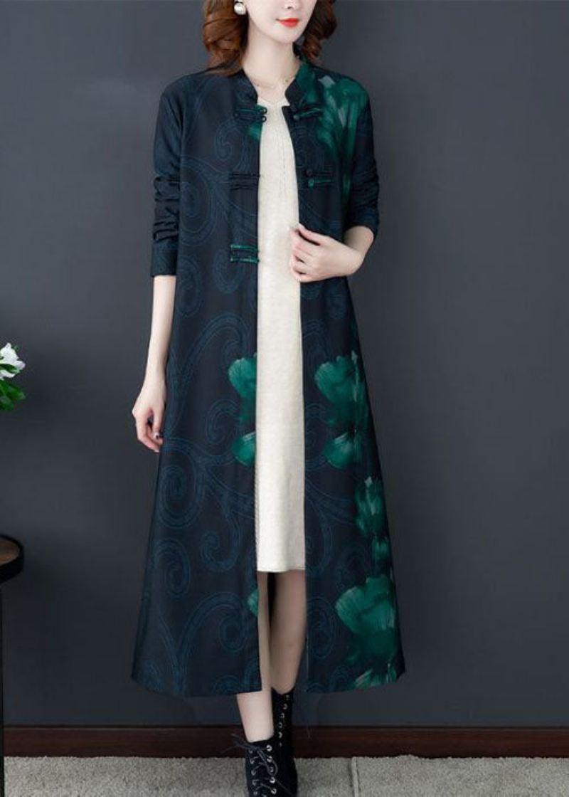 Art Green Stand Krage Print Silke Lengthen Trench Langermet