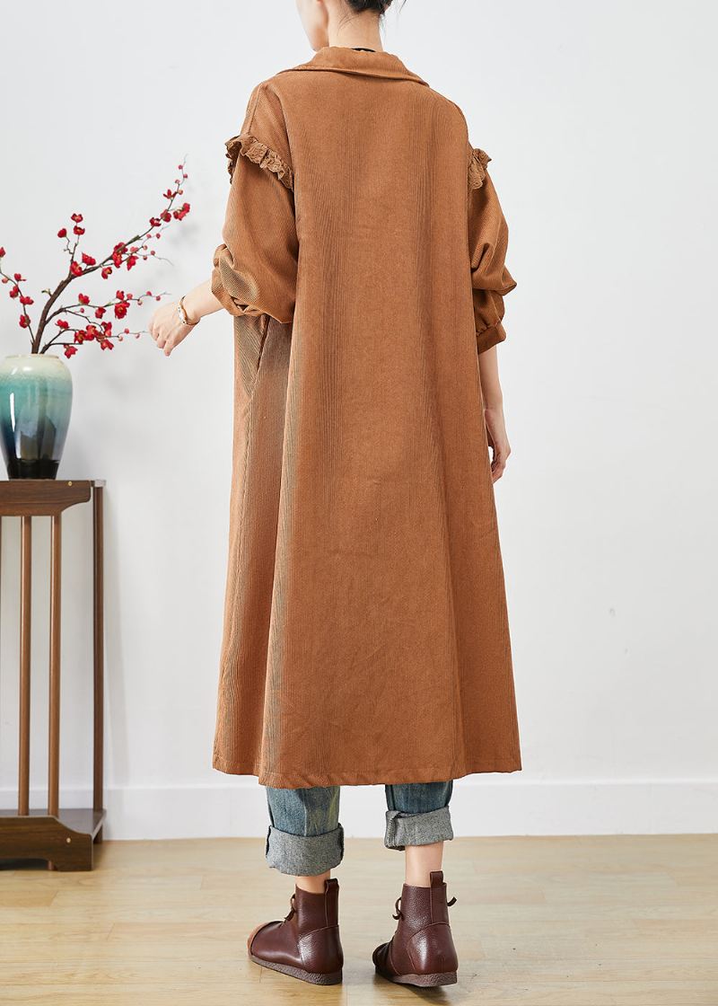 Art Khaki Ruffled Patchwork Asymmetrisk Corduroy Trench Coat Fall - Trenchcoats for kvinner